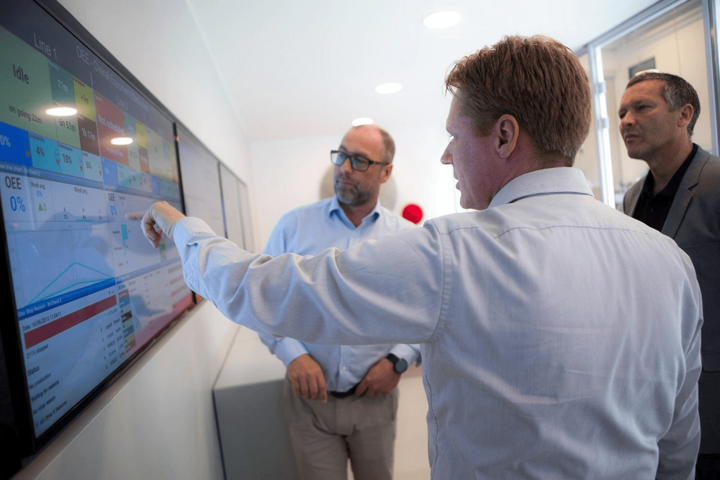 Operations managers reviewing production performance and profitability information in a modern processing environment.